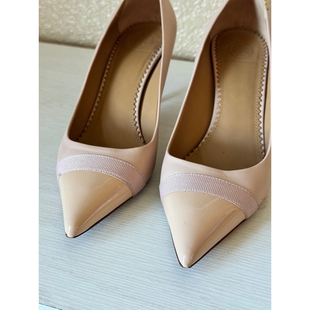 Tory Burch Chelsea Cap-Toe Pumps Blush Pink Leather Gold Logo Heels 8 - Picture 6 of 11